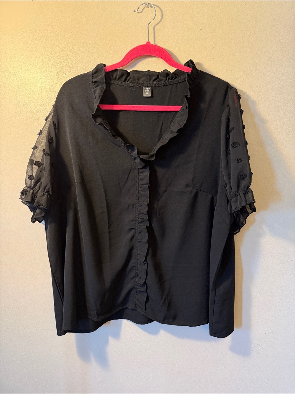 SHEIN curve 3X Black Ruffle-Trim Button Front Blouse
